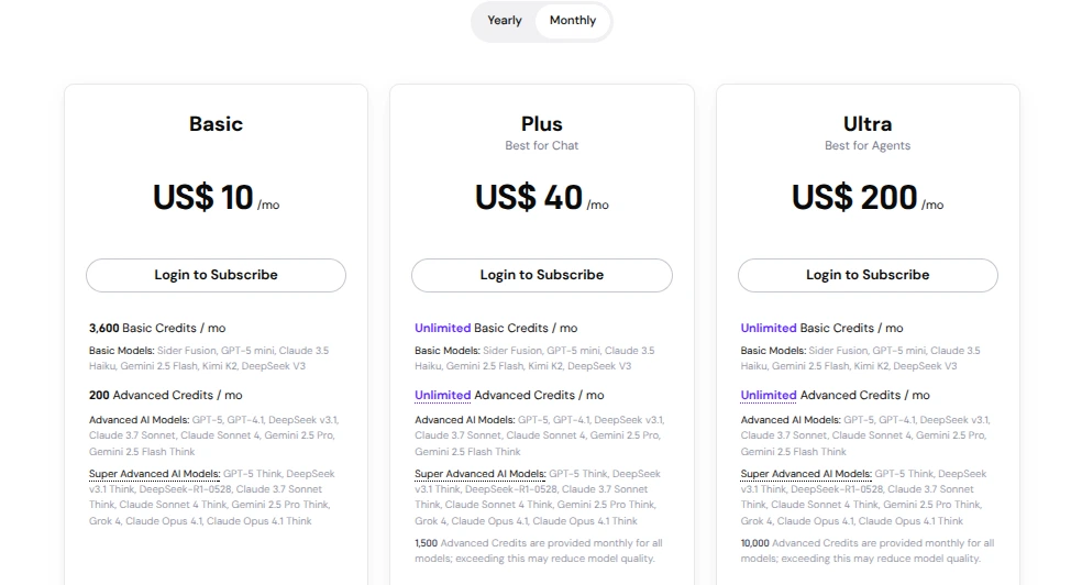 SIder AI pricing plans