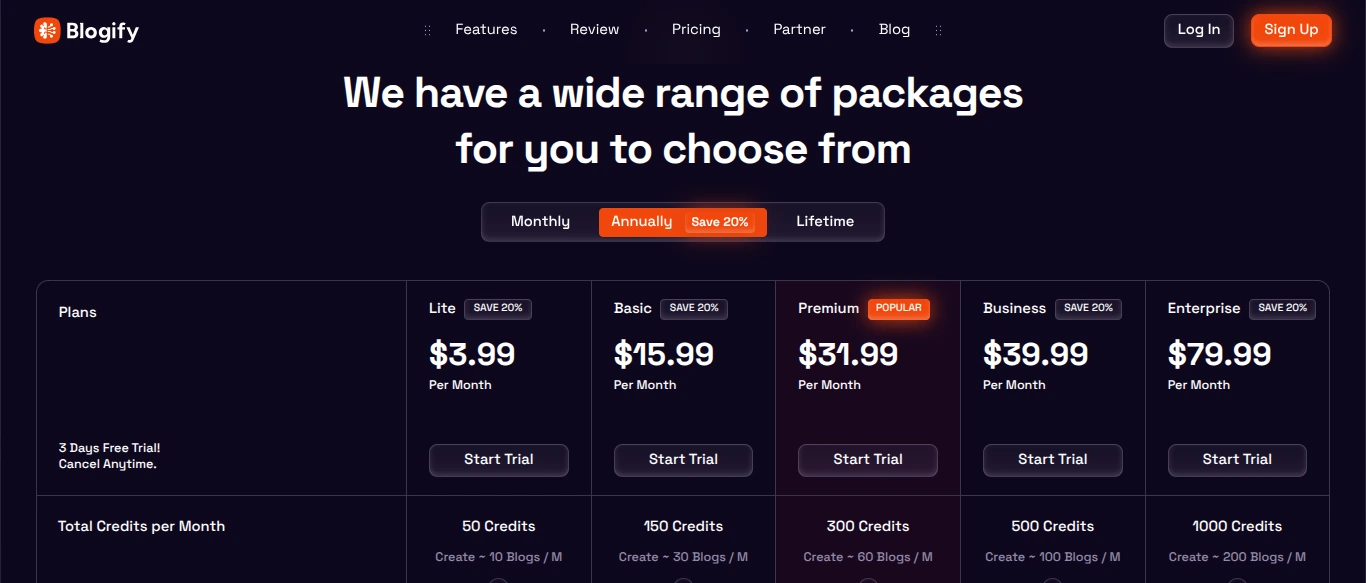 Blogify Pricing plans